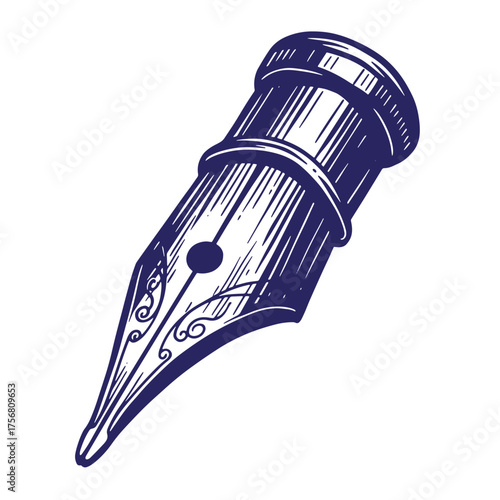 Detailed blue ink drawing of a classic fountain pen nib isolated on a white background