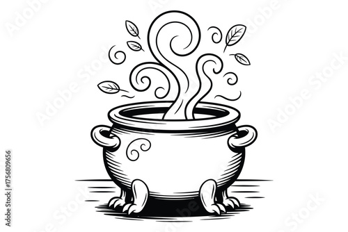 Hand drawn illustration of a bubbling cauldron with steam and leaves