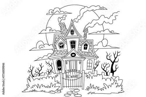 Spooky haunted house with a full moon and bare trees illustration