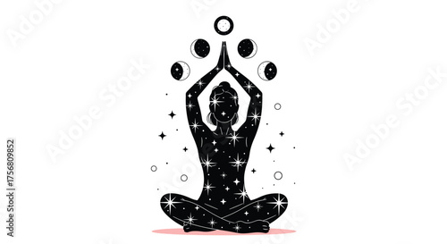 Silhouette of a person meditating with celestial elements above their head and surrounding them.