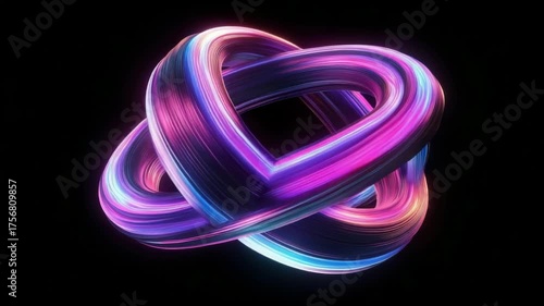 A mesmerizing abstract shape glows with vibrant neon colors. It smoothly rotates, creating a futuristic and dynamic visual.