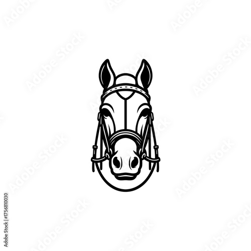 Horse Head with Bridle: Detailed Black and White Vector Illustration