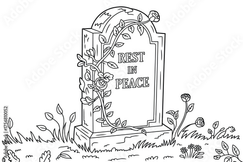 Line drawing of a tombstone with rest in peace engraving and vines