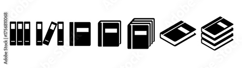 Monochrome book icons. Books on bookshelf, stacked, isometric, flat, 3D and more.