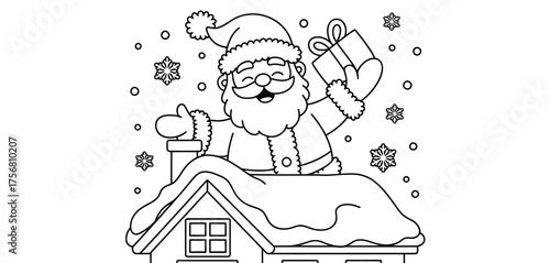 Santa claus on snowy rooftop holding gift and giving thumbs up