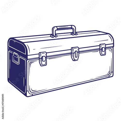 Detailed hand drawn illustration of a traditional metal toolbox isolated on white background