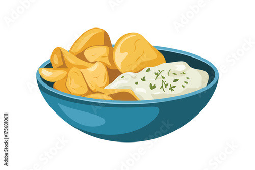 Crispy potato wedges served with creamy dip in a blue bowl