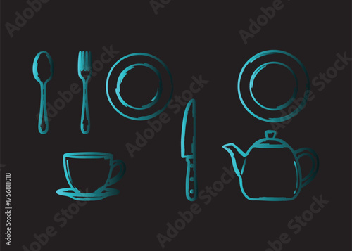 Set of kitchen utensils and tableware illuminated with neon light effects vector