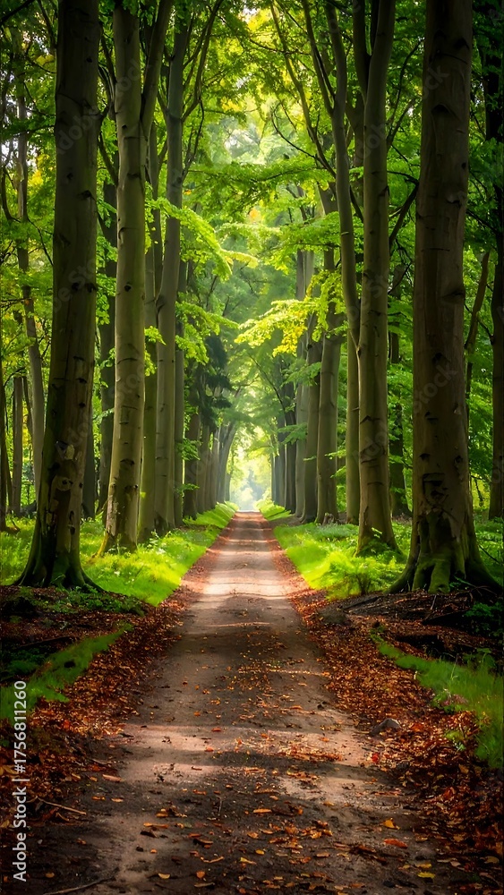 Fototapeta premium Woodland path lined by trees, leading to a bright sunlit clearing