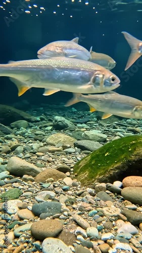 School of silver fish swimming underwater with rocky riverbed