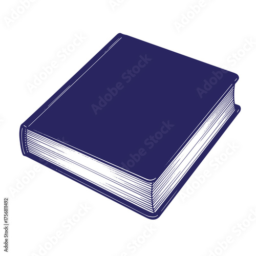 Elegant vintage illustration of a closed hardback book with dark blue cover and white pages