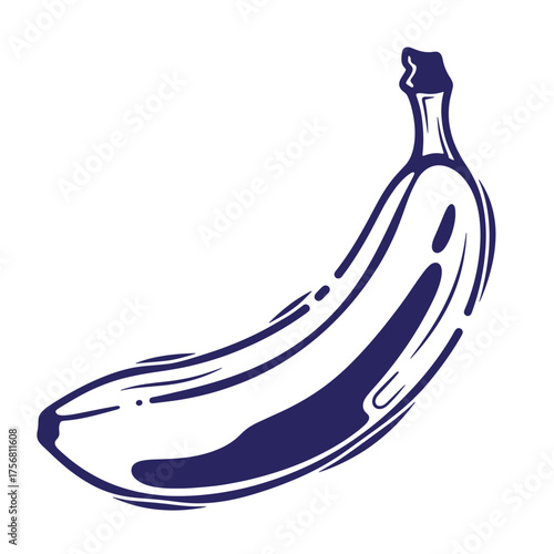 Stylized vector illustration of a single banana in a simple dark blue color