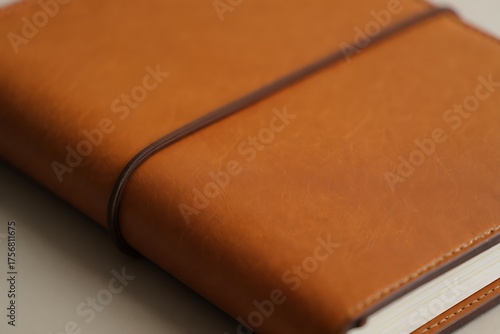 Close up of a brown leather journal with an elastic band