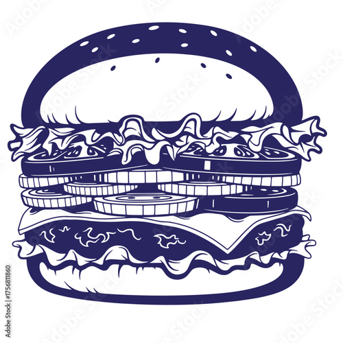 Vector illustration of a classic hamburger with cheese lettuce tomato and sesame seed bun