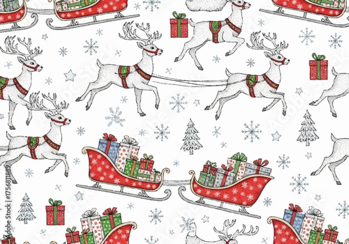 Christmas Reindeer and Sleighs with Gifts Seamless Pattern.