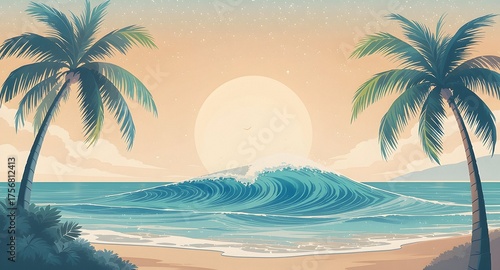 Fototapeta Naklejka Na Ścianę i Meble -  Ocean Wave Breaking at Sunset with Palm Trees on Sandy Beach