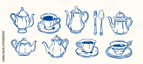 Set of teapots teacups in hand drawn style,  Whimsical drawing vector illustration, sketch element for menu, tea party invitations card	