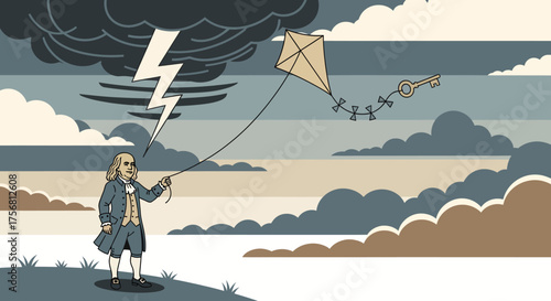 Vector illustration of Benjamin Franklin flying a kite with a key during a thunderstorm.