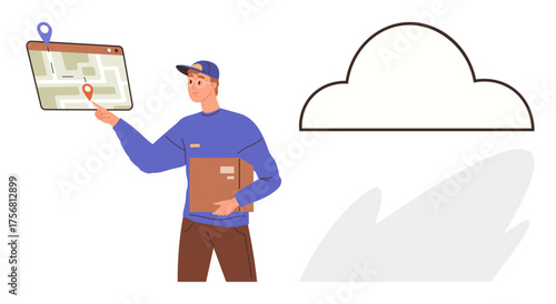 Delivery driver interacting with a digital map interface while carrying a package. Ideal for logistics, delivery, cloud technology, e-commerce, navigation, modern business, digital tools. Simple flat