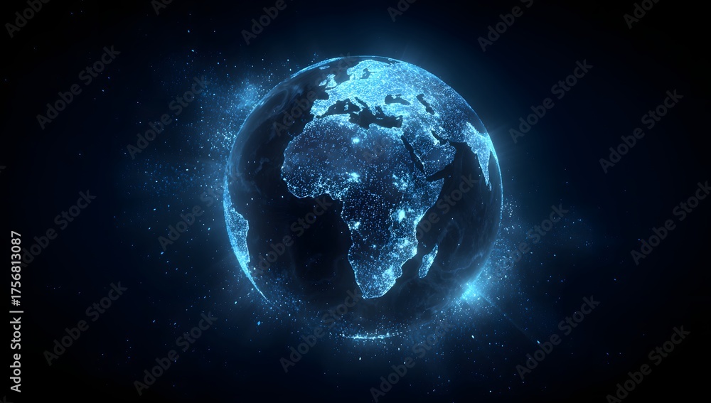 Obraz premium Illuminated planet earth glowing with blue energy and cosmic dust swirling around its surface in the vastness of space