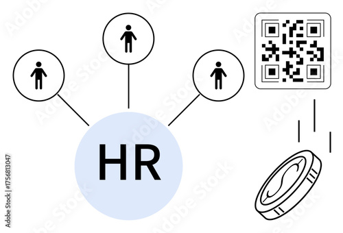 HR circle linking three individuals, QR code symbolizing digital connection, and coin depicting rewards. Ideal for human resources, recruitment, digital payment, team building, employee benefits