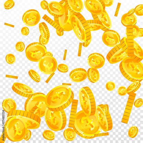 British pound coins falling. Scattered gold GBP