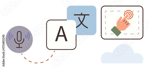 Microphone, letters, translation icon, touchscreen interaction, and cloud. Ideal for language learning, translation, accessibility technology communication education and app development. Simple
