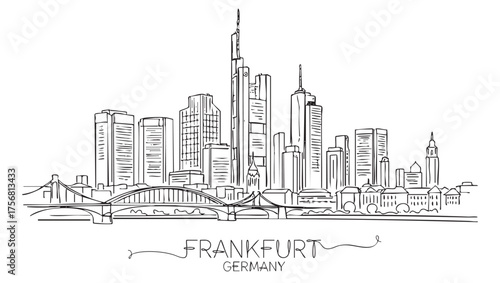 Hand-Drawn Sketch of Frankfurt Skyline with Modern Skyscrapers and River Bridge Outline Vector