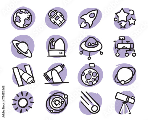 Space and stars vector linear icons set. Astronomy and space outline symbols pack. Set of hand-drawn conceptual illustrations. Cartoon style in vector.