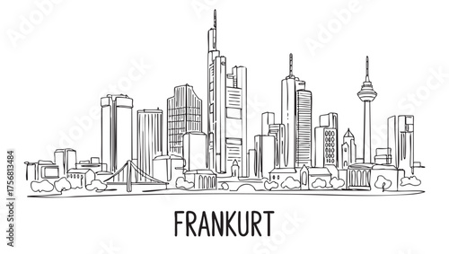 Hand-Drawn Sketch of Frankfurt Skyline with Modern Skyscrapers and River Bridge Outline Vector
