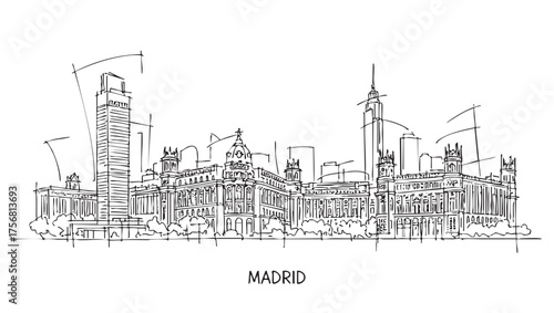 Hand-Drawn Sketch of Madrid Spain Skyline with Historic and Modern Buildings Outline Vector