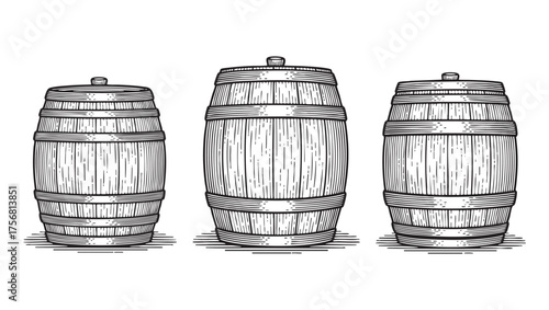 Set of Three Vintage Engraved Wooden Barrels - Wine, Beer, or Whiskey Cask Illustration