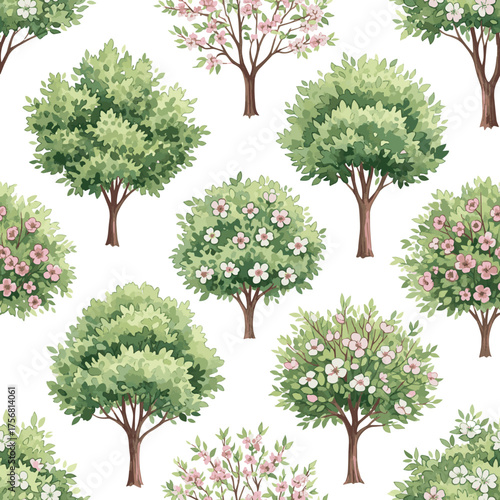 Create a kinds of deferent Watercolor seamless pattern of tree crowns and blossom bushes. Green floral illustration for textile, wallpapers or nature vector art with white background..