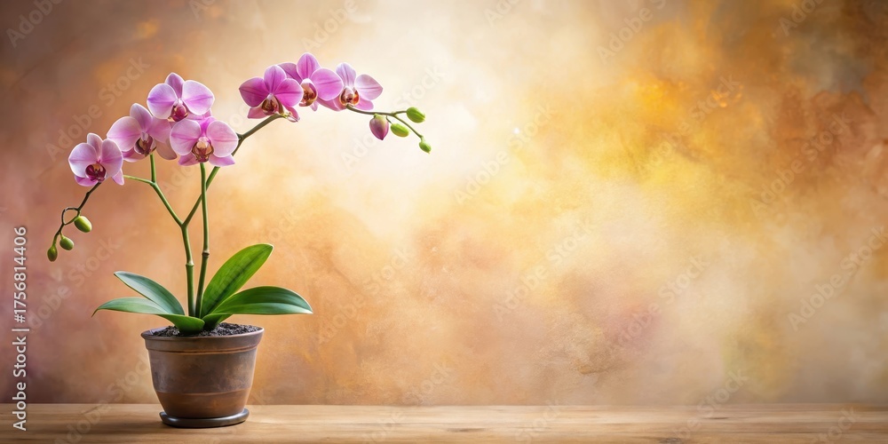 custom made wallpaper toronto digitalA Delicate Pink Orchid in a Terracotta Pot on a Wooden Surface Against a Warm Golden Background