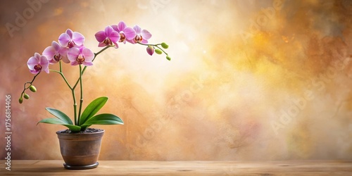 Wallpaper Mural A Delicate Pink Orchid in a Terracotta Pot on a Wooden Surface Against a Warm Golden Background Torontodigital.ca