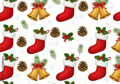 Christmas Stockings Bells and Pine Cones Seamless Pattern.