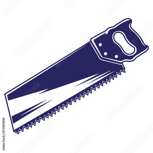 Vector illustration of a hand saw in navy blue with a white outline for carpentry projects