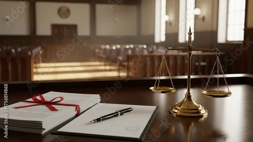 legal scales of justice and documents in courtroom