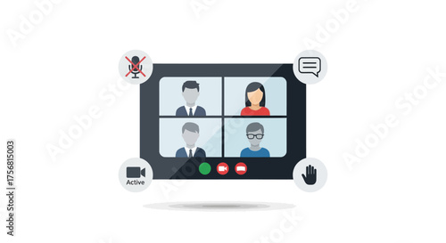 Virtual meeting interface with four participants and essential control icons depicted clearly and