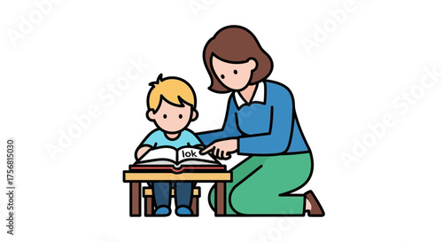 Illustration depicting a child learning to read with guidance from a teacher or parent figure