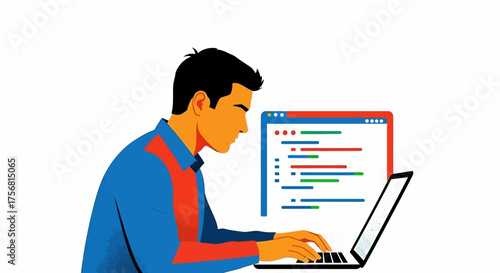 Dedicated software developer coding intensely on a laptop while viewing clean code interface