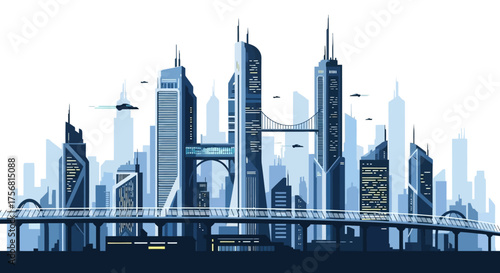 Illustration of a futuristic cityscape with elevated bridges and flying vehicles showcases