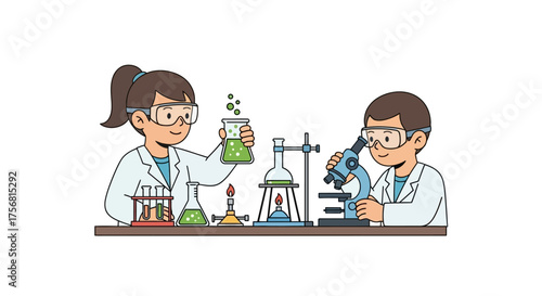 A vibrant cartoon depicting young scientists conducting experiments in a laboratory setting with
