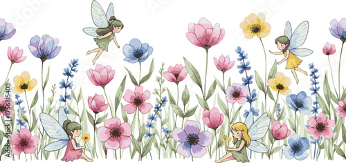 Create a Watercolor composition with floral meadow, delicate abstract flowers and cute fairies, isolated horizontal border for cover  wallpapers, mural for childish room. Hand drawn design vector art.