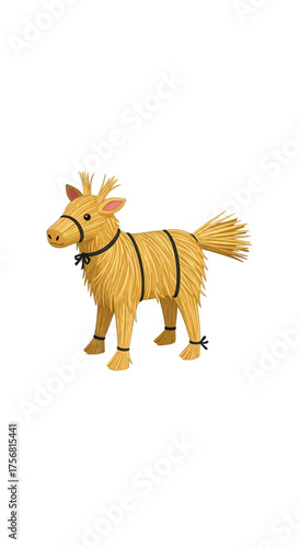 Handcrafted hay horse figurine with decorative bows isolated on white background studio shot