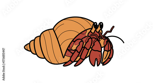 Whimsical depiction of a charming cartoon hermit crab nestled within its protective shell