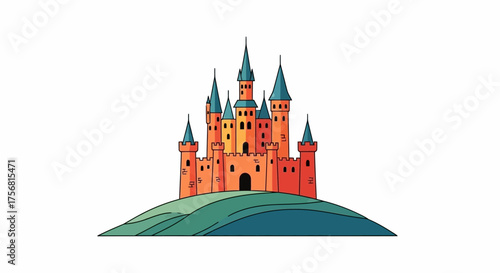 Cartoon castle on a verdant hill, an illustration perfect for fairytale books and children's