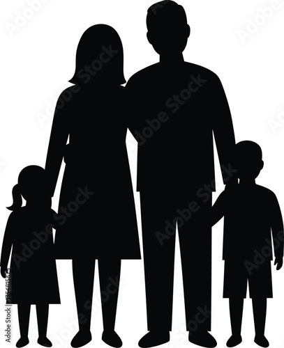 Silhouetted family of four parent and two children standing together unity joyful togetherness isolated on transparent background Vector