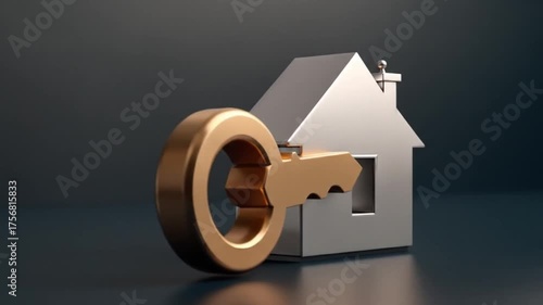 Golden Key and House Symbol Representing Real Estate Ownership and Investment