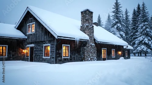 Snow covered cabin with illuminated windows in a winter forest setting
